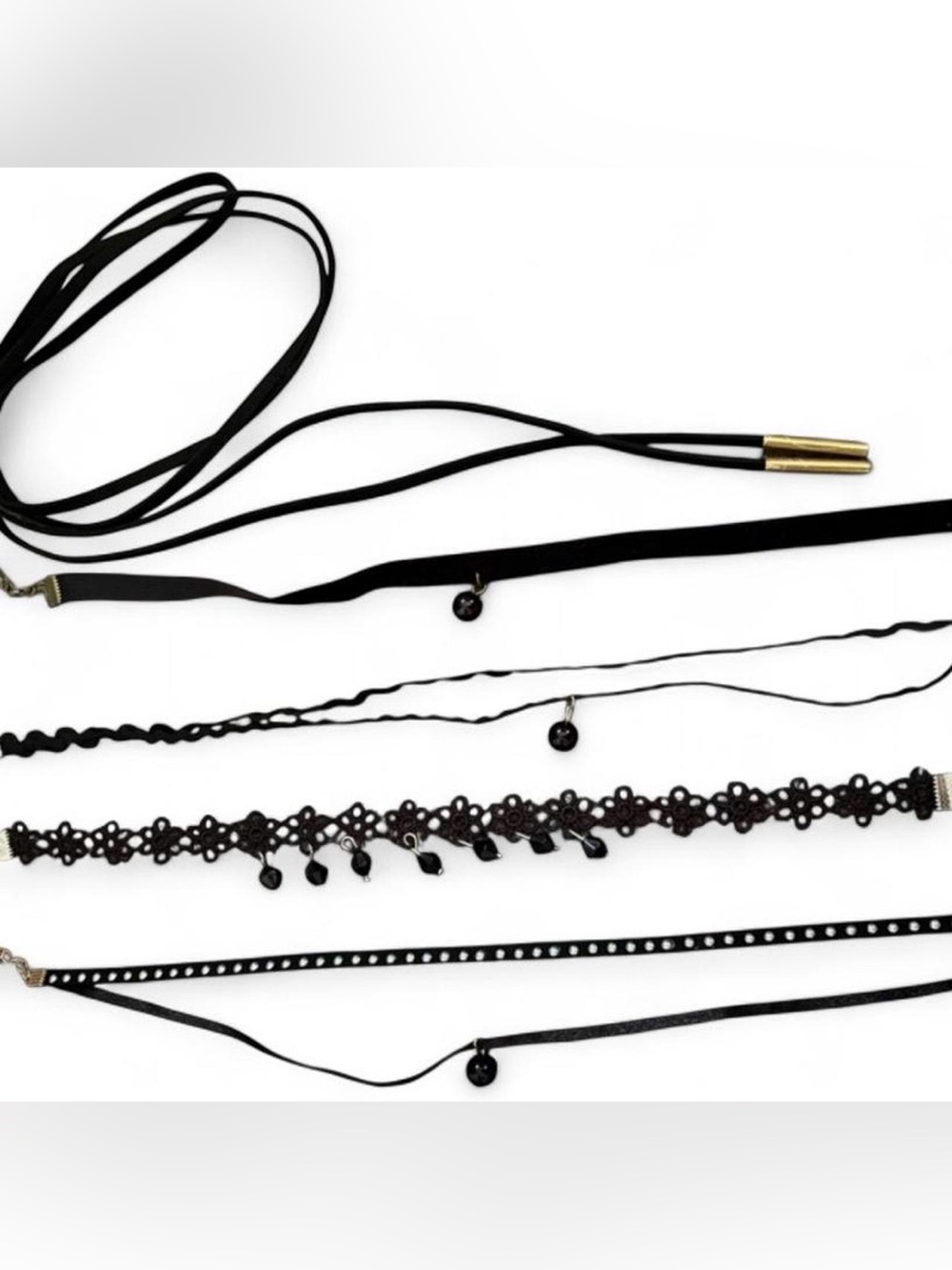 Lot of 5 Various Black Chokers, Beads, Studed, Tie
